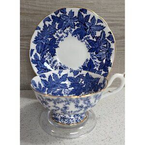 Coalport Cobalt Blue White Leaves Teacup & Saucer Gold Trim England